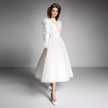 Платье Свадебное средней длины, шикарное ТРАПЕЦИЕВИДНОЕ, с прозрачным вырезом, многослойное свадебное платье с длинным рукавом