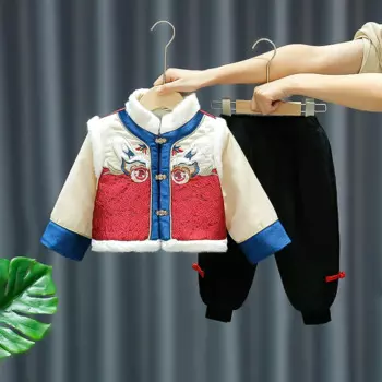 Платье Тан для мальчиков, зимняя детская одежда, детское праздничное китайское Новогоднее платье для девочек, детское бархатное пальто, штаны, костюм ханьфу Тан