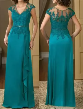 Платье ТРАПЕЦИЕВИДНОЕ кружевное в пол для матери невесты, элегантное шифоновое с коротким рукавом и бирюзовыми аппликациями, модель 2022 большого размера