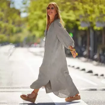 Платье-трапеция, элегантное платье макси с V-образным вырезом для женщин, однотонная одежда до щиколотки, Свободное длинное женское платье с рукавом, осень-весна