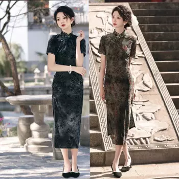 Платье женское велюровое в китайском стиле, Длинное Элегантное пикантное платье-Ципао с коротким рукавом и принтом