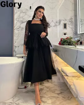 Платья для выпускного из Саудовской Аравии с квадратным вырезом, новинка 2023, кружевные деловые платья а-силуэта длиной до середины икры с длинными рукавами, элегантное вечернее платье