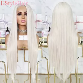Платиновый длинный шелковистый прямой парик UStyleHair для женщин, светлый парик на сетке спереди, ежедневное использование, синтетический парик на сетке спереди