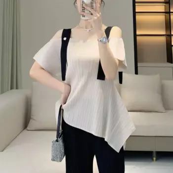 Плиссированная футболка, летняя дизайнерская нишевая плиссированная блузка с одним вырезом, топы, женская модная футболка без бретелек с коротким рукавом