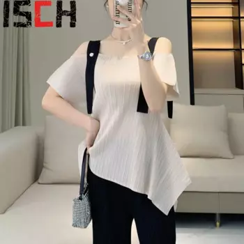 Плиссированная футболка, летняя дизайнерская нишевая плиссированная блузка с одним вырезом, топы, женская модная футболка без бретелек с коротким рукавом