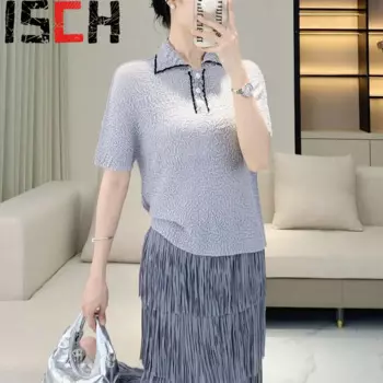 Плиссированная футболка с воротником-поло, однотонные плиссированные топы, универсальная тонкая летняя женская футболка с коротким рукавом, Новинка