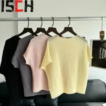 Плиссированная летняя футболка с круглым вырезом и коротким рукавом