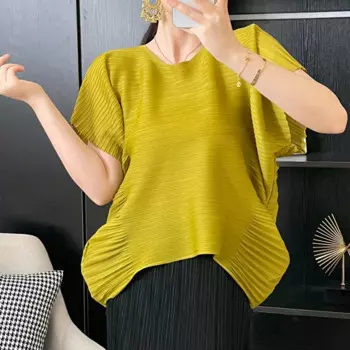 Плиссированная летняя Новинка 2024, женские топы больших размеров с рукавом до локтя, простая эластичная футболка с коротким рукавом