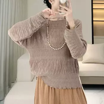 Плиссированная осенняя блузка со складками, женская свободная футболка с большим кодом, чистый цвет, темперамент, женская футболка с длинным рукавом