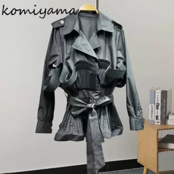 Плиссированная туника с оборками на шнуровке, Chaquetas, Женская куртка с длинным рукавом и отложным воротником, женская одежда на весну и осень 2024, верхняя одежда, Casaco