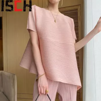 Плиссированная угловая футболка с плиссировкой, лето 2024, высококачественные плиссированные Нестандартные Свободные маленькие парфюмерные футболки большого размера с коротким рукавом