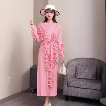 Плиссированное Платье, новинка, модное однотонное платье с деревянными ушками и галстуком, деловое элегантное платье с круглым вырезом и длинным рукавом