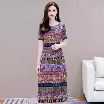 Плиссированное Платье в этническом стиле с принтом, лето 2023, иностранное узкое приталенное яркое драгоценное плиссированное платье с коротким рукавом и круглым вырезом