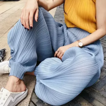 Плиссированные классические женские брюки, летние брюки-шаровары с широкими штанинами, Свободные Элегантные повседневные брюки с высокой талией