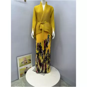 Плиссированный костюм с юбкой больших размеров с принтом, повседневный однотонный топ + полуюбка с принтом, осенний новый женский костюм с юбкой больших размеров