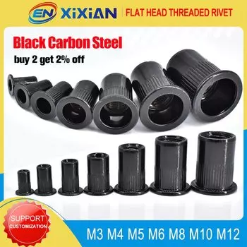 M3 M4 M5 M6 M8 M10 M12 Плоская заклепка Гайка Черная углеродистая сталь Плоская головка Резьбовая заклепка Вставка Nutsert Крышка Заклепки Гайки 1-50 шт.