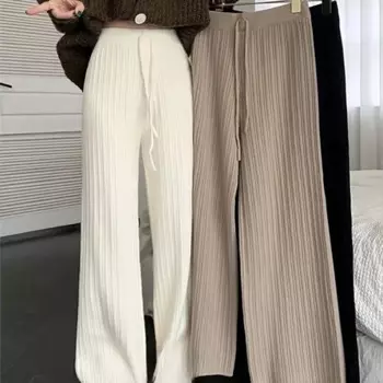 Плотные Трикотажные Широкие брюки в ленивом стиле с высокой талией, женские осенне-зимние свободные облегающие повседневные брюки, прямые длинные брюки с пухом