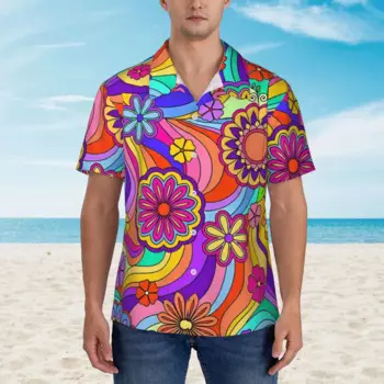 Пляжная рубашка Groovy Psychedelic Flower Power, гавайские повседневные рубашки, мужские винтажные блузки с коротким рукавом Y2K, забавная дизайнерская одежда