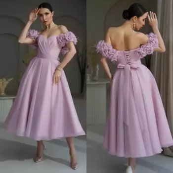 Пляжное бальное платье из органзы с драпировкой и цветочным бантом по индивидуальному заказу, платья миди с открытыми плечами на заказ