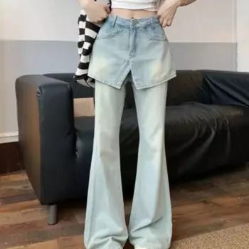 Поддельные Юбки-брюки из двух частей, Сращенные летние женские джинсы с высокой талией, прямые микро-расклешенные джинсы