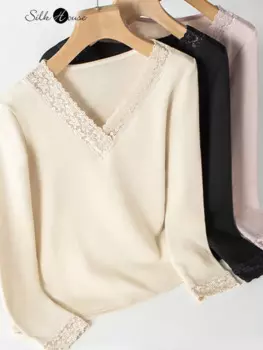 Подложка из матового шелка тутового шелкопряда для осени и зимы, новая теплая женская футболка с V-образным вырезом из шелка и плюша