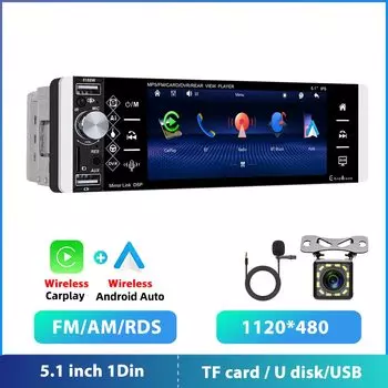 Podofo 1 Din Carplay Android авто Автомобильный mp5-плеер 5,1-дюймовый HD сенсорный экран с Bluetooth FM-радио Поддержка TF/USB камеры заднего вида