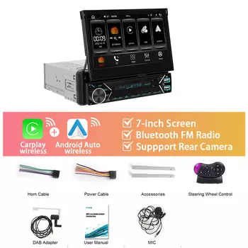 Podofo 7 ''1Din автоматический выдвижной экран автомобильный радиоприемник Carplay Android Auto MP5 плеер управление рулевым колесом DAB + автомобильная стереосистема
