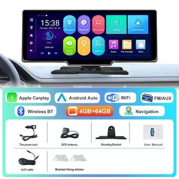 Podofo Carplay Android-монитор 10,26 "2 + 32G Android Wi-Fi GPS-навигация Android Auto Смарт-плеер Bluetooth Поддержка задней камеры