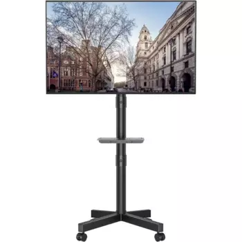 Подставка для мобильного ТВ, наклонная тележка для телевизора с медиаполкой и блокировочными колесами, подходит для диагонали 23-60 дюймов, ЖК-дисплей, плоские и изогнутые телевизоры OLED,