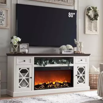 Подставка для телевизора с 36 "электрическим камином для телевизоров с диагональю 80 дюймов, центральный с выдвижным ящиком и дверцей с алмазной панелью