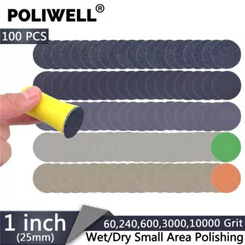 POLIWELL 100 шт. 1 дюймов 60/240/600/3000/10000 Грит шлифовальные диски + застежкой-липучкой ручная Шлифовальная прокладка для небольшой площади гладкая полировка набор