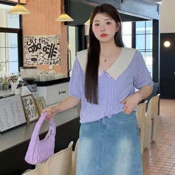 Полная женская одежда большого размера, дизайнерские топы с кукольным воротником, лето 2024, облегающая футболка с коротким рукавом, женская вязаная футболка