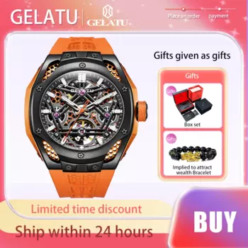 Полностью автоматические механические мужские часы GELATU с зеркальной поверхностью, трендовые водонепроницаемые светящиеся мужские наручные часы-скелетоны