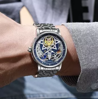 Полностью автоматические механические светящиеся часы с вырезами и фазой Луны, модные Механические мужские водонепроницаемые часы небесной концепции
