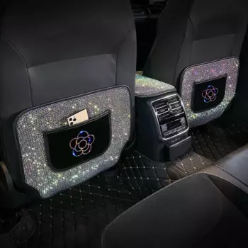 Полностью сверлильный автомобильный антиударный коврик Camellia Bling Backsat Protector с карманом для хранения телефона для женщин, накладка на заднее сиденье, аксессуары