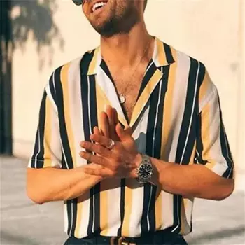 Полосатая цветная рубашка с лацканами, модная повседневная Уличная дизайнерская футболка, уличная Женская качественная футболка на пуговицах с коротким рукавом, 2024