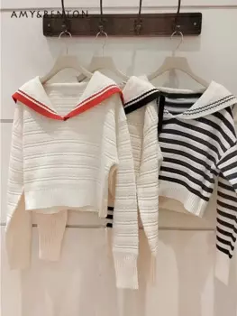 Полосатый контрастный вязаный свитер в стиле преппи с воротником с лацканами в японском стиле милая девочка синий пуловер с воротником короткий джемпер с длинными рукавами