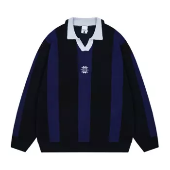 Полосатый свитер-поло Мужской осенний пуловер Мужской свитер Трикотаж Синий Бежевый