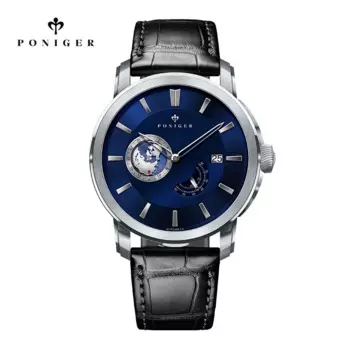 Poniger Мужские часы из нержавеющей стали Автоматические механические водонепроницаемые наручные мужские платья Модный роскошный кожаный ремешок