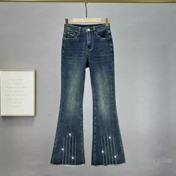 Популярные джинсовые расклешенные брюки с бриллиантами, женские длинные брюки, весенне-осенние новые эластичные тонкие узкие синие джинсы с высокой талией