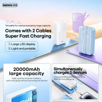 Портативное зарядное устройство REMAX 20000 мАч для iPhone 15 Pro MAX 14 13 12 11 Xiaomi Huawei, супер быстрая зарядка, Внешний аккумулятор со встроенными кабелями