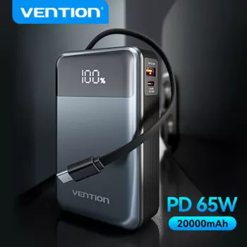 Портативное зарядное устройство Vention, 65 Вт, 20000 мАч, PD, быстрая зарядка со встроенным кабелем USB Type-C для ноутбуков iPhone 16 15 14 13 Pro Max