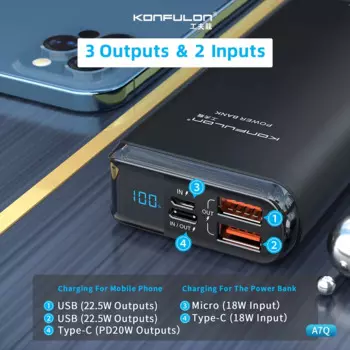 Портативный внешний аккумулятор большой емкости с портами USB Type-C, 20 Вт, 20000 мАч