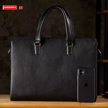 Портфель мужской из натуральной кожи, Повседневная деловая сумка-мессенджер на ремне, сумка для компьютера 14 дюймов, цвет черный, 2024