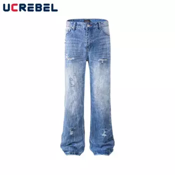 Потертые рваные расклешенные джинсы, мужские свободные джинсовые брюки с карманами в стиле High Street, мужские брюки