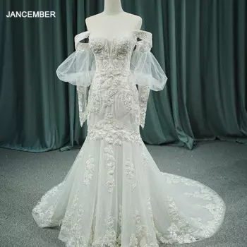 Потрясающее женское свадебное платье-Русалка с открытыми плечами, кружевное Тюлевое свадебное платье с пышными рукавами 5758