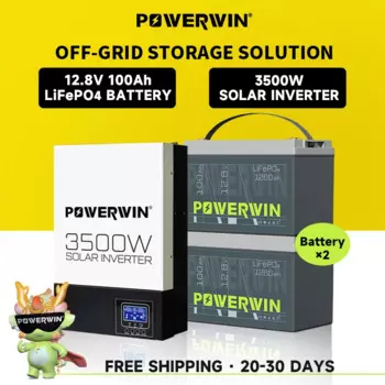 POWERWIN BT100 LifePO4 12 В 100 Ач/1280 Втч HI3500 Гибридный солнечный инвертор 3500 Вт 24 В Чистая синусоида 100 А MPPT Автономный ЖК-дисплей 24 В Батарея