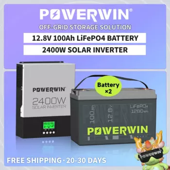POWERWIN BT100 LifePO4 12 В 100 Ач/1280 Втч HI3000 Гибридный солнечный инвертор 2400 Вт 24 В 80 А MPPT Автономный ЖК-дисплей 12 В Батарея Чистая синусоида