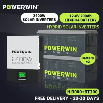 POWERWIN BT200 12 В 200 Ач/2560 Втч LifePO4 HI3000 Гибридный солнечный инвертор Чистая синусоида 2400 Вт 24 В 80 А MPPT Автономный ЖК-дисплей 12 В Батарея