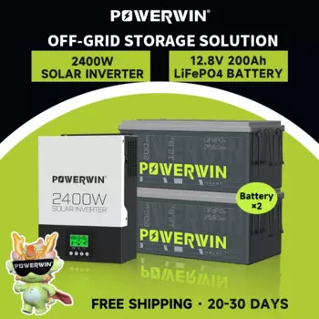 POWERWIN BT200 LifePO4 12 В 200 Ач/2560 Втч HI3000 Гибридный солнечный инвертор 2400 Вт 24 В 80 А MPPT Чистая синусоида Автономный ЖК-дисплей 12 В Батарея